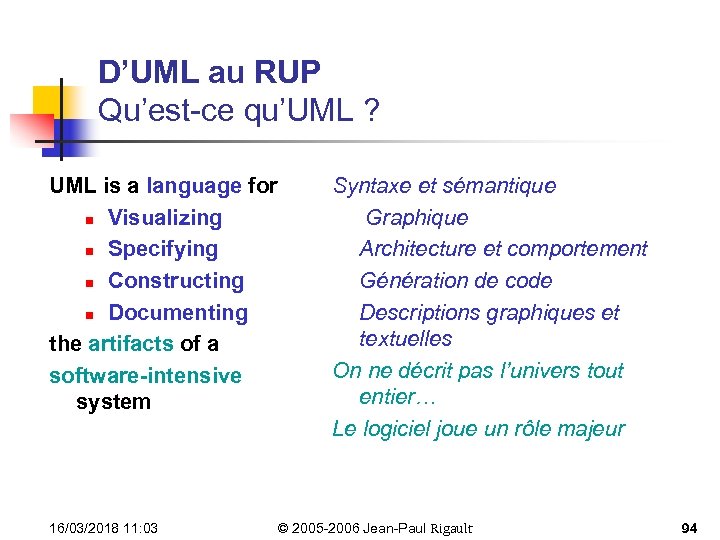 D’UML au RUP Qu’est-ce qu’UML ? UML is a language for n Visualizing n
