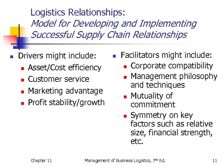 Logistics Relationships: Model for Developing and Implementing Successful Supply Chain Relationships n Drivers might