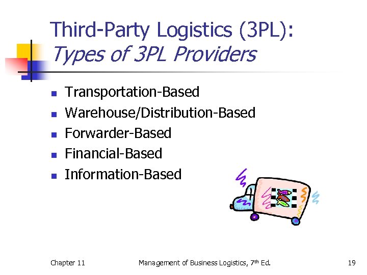 Third-Party Logistics (3 PL): Types of 3 PL Providers n n n Transportation-Based Warehouse/Distribution-Based