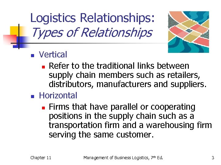 Logistics Relationships: Types of Relationships n n Vertical n Refer to the traditional links