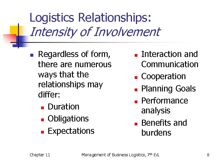 Logistics Relationships: Intensity of Involvement n Regardless of form, there are numerous ways that