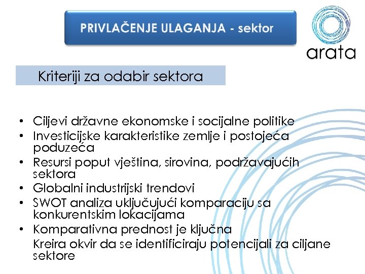 Kriteriji za odabir sektora • Ciljevi državne ekonomske i socijalne politike • Investicijske karakteristike