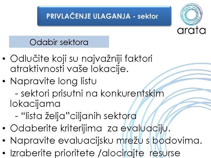 Odabir sektora • Odlučite koji su najvažniji faktori atraktivnosti vaše lokacije. • Napravite long
