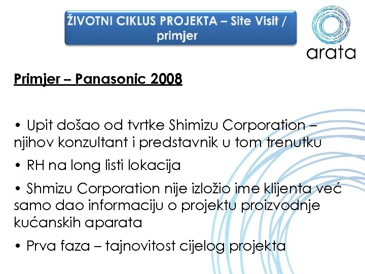 Primjer – Panasonic 2008 • Upit došao od tvrtke Shimizu Corporation – njihov konzultant