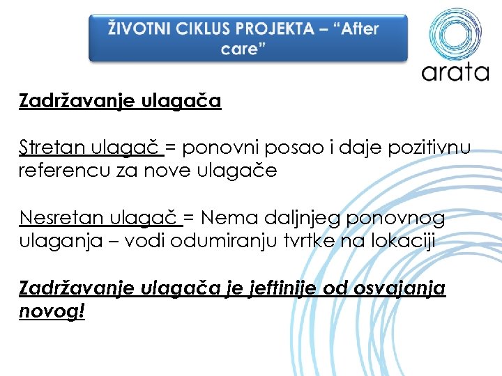 Zadržavanje ulagača Stretan ulagač = ponovni posao i daje pozitivnu referencu za nove ulagače