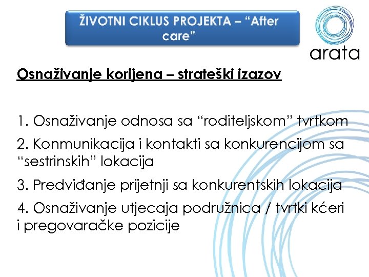 Osnaživanje korijena – strateški izazov 1. Osnaživanje odnosa sa “roditeljskom” tvrtkom 2. Konmunikacija i