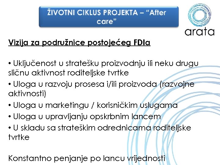Vizija za podružnice postojećeg FDIa • Uključenost u stratešku proizvodnju ili neku drugu sličnu