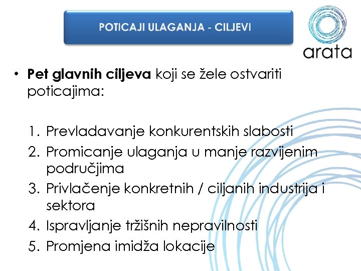  • Pet glavnih ciljeva koji se žele ostvariti poticajima: 1. Prevladavanje konkurentskih slabosti