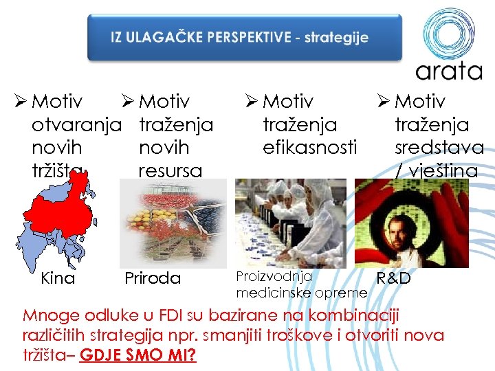 Ø Motiv otvaranja traženja novih tržišta resursa Kina Priroda Ø Motiv traženja efikasnosti sredstava
