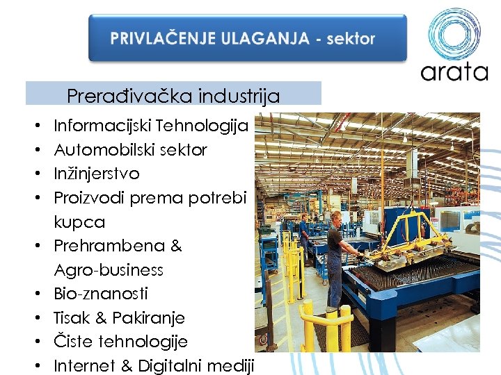 Prerađivačka industrija • • • Informacijski Tehnologija Automobilski sektor Inžinjerstvo Proizvodi prema potrebi kupca