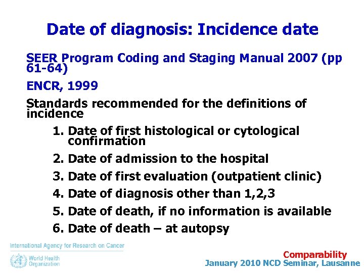 Date of diagnosis: Incidence date SEER Program Coding and Staging Manual 2007 (pp 61