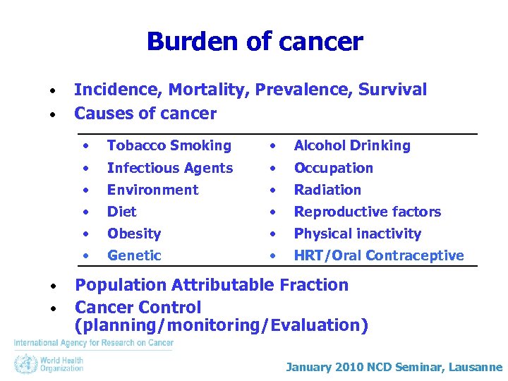 Burden of cancer • • Incidence, Mortality, Prevalence, Survival Causes of cancer • Alcohol