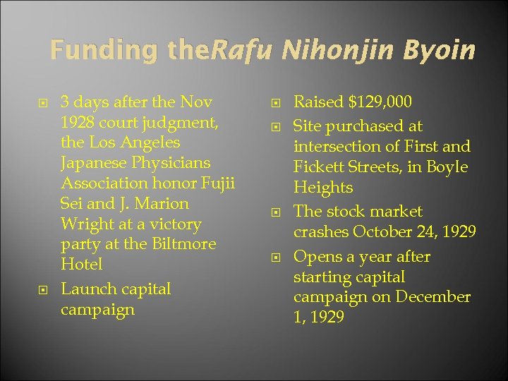 Funding the. Rafu Nihonjin Byoin 3 days after the Nov 1928 court judgment, the
