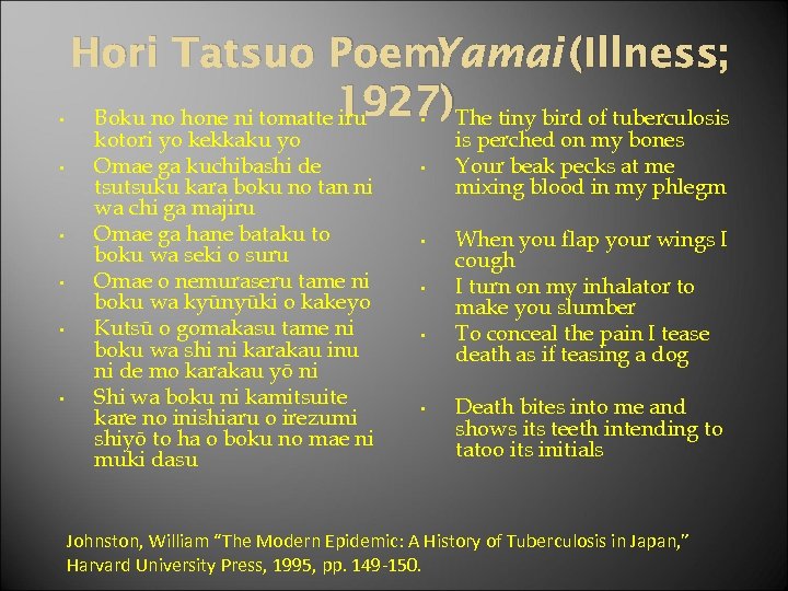  • • • Hori Tatsuo Poem Yamai (Illness; 1927)The tiny bird of tuberculosis