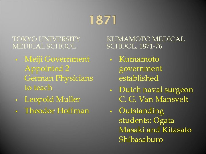 1871 TOKYO UNIVERSITY MEDICAL SCHOOL • • • Meiji Government Appointed 2 German Physicians