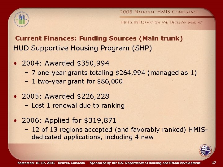 Current Finances: Funding Sources (Main trunk) HUD Supportive Housing Program (SHP) • 2004: Awarded