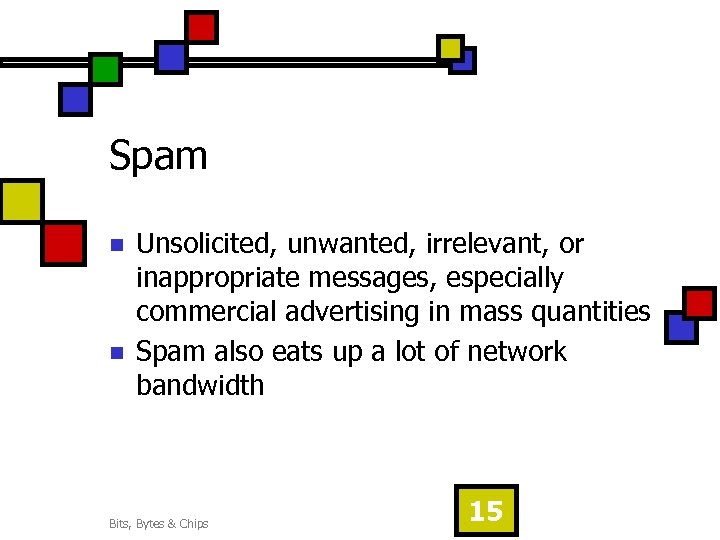 Spam n n Unsolicited, unwanted, irrelevant, or inappropriate messages, especially commercial advertising in mass