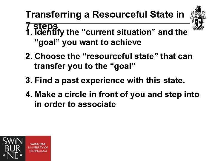 Transferring a Resourceful State in 7 steps 1. Identify the “current situation” and the