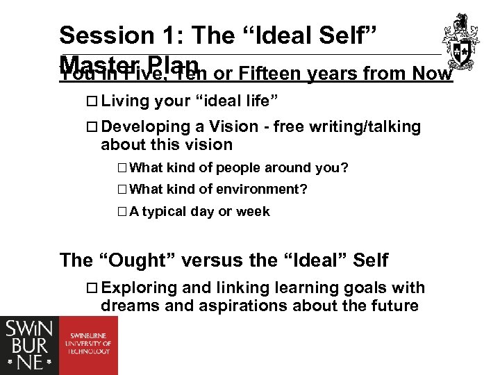 Session 1: The “Ideal Self” Master Plan or Fifteen years from Now You in