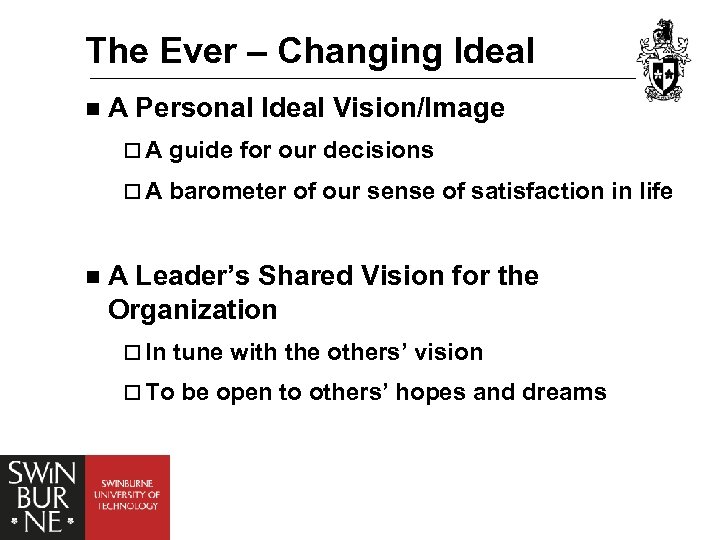 The Ever – Changing Ideal n A Personal Ideal Vision/Image ¨ A guide for