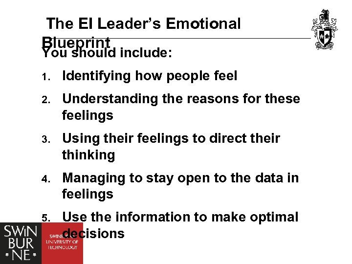 The EI Leader’s Emotional Blueprint You should include: 1. Identifying how people feel 2.