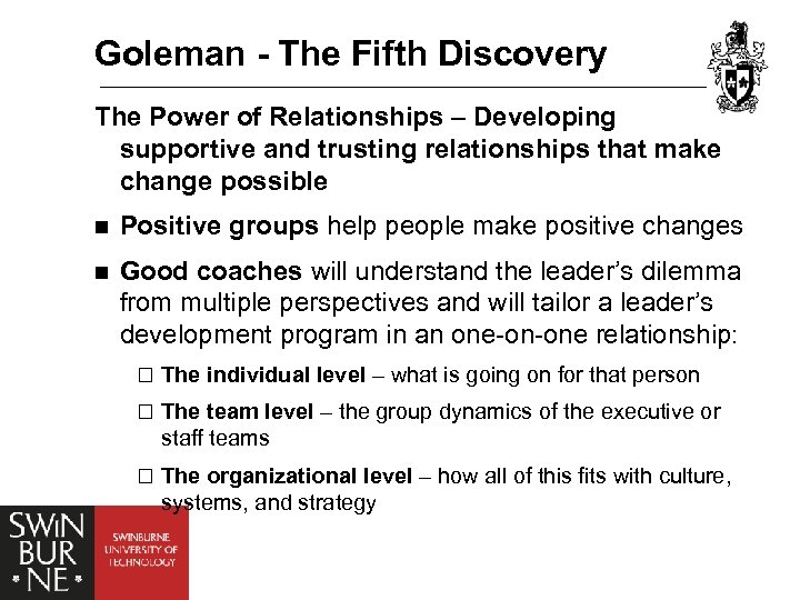 Goleman - The Fifth Discovery The Power of Relationships – Developing supportive and trusting