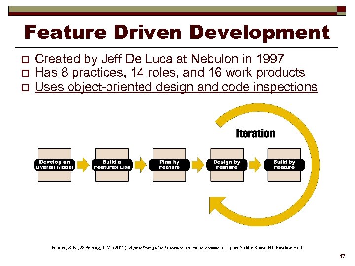 Feature Driven Development o o o Created by Jeff De Luca at Nebulon in