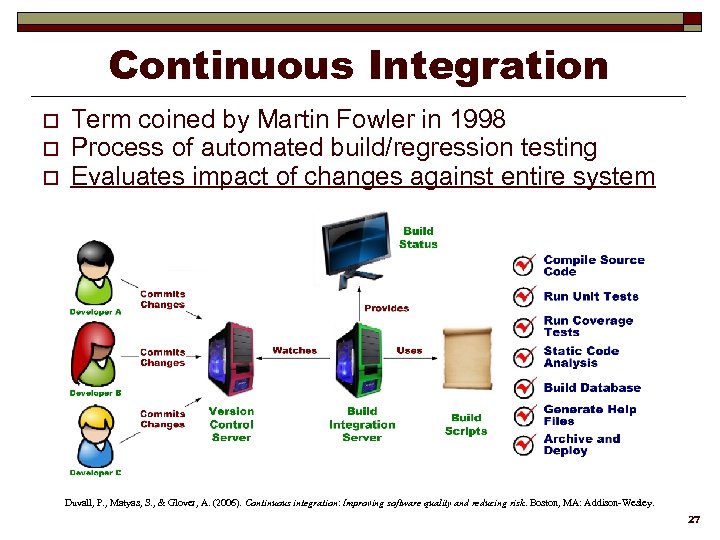 Continuous Integration o o o Term coined by Martin Fowler in 1998 Process of