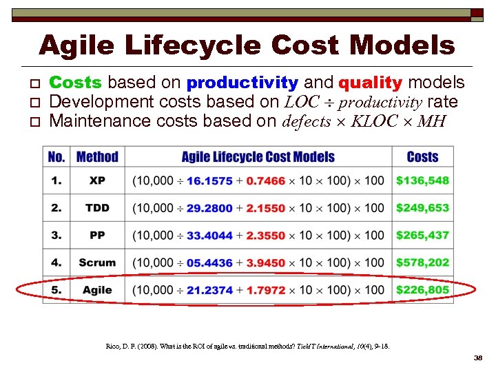 Agile Lifecycle Cost Models o o o Costs based on productivity and quality models