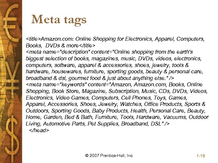 Meta tags <title>Amazon. com: Online Shopping for Electronics, Apparel, Computers, Books, DVDs & more</title>