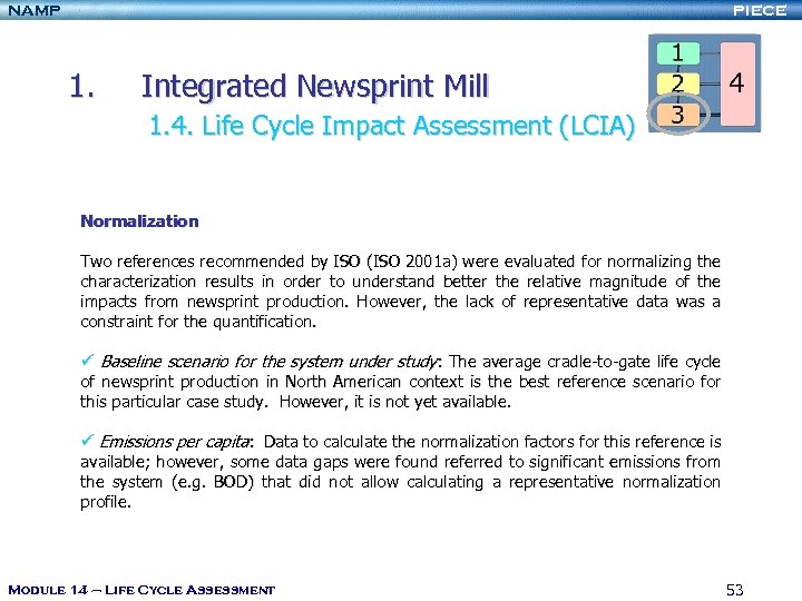 NAMP PIECE 1. Integrated Newsprint Mill 1. 4. Life Cycle Impact Assessment (LCIA) Normalization