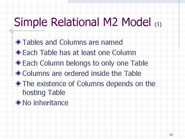 Simple Relational M 2 Model (1) Tables and Columns are named Each Table has