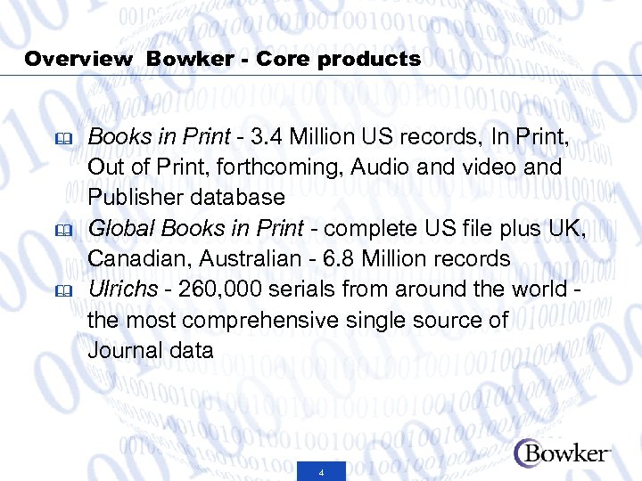 Overview Bowker - Core products & & & Books in Print - 3. 4