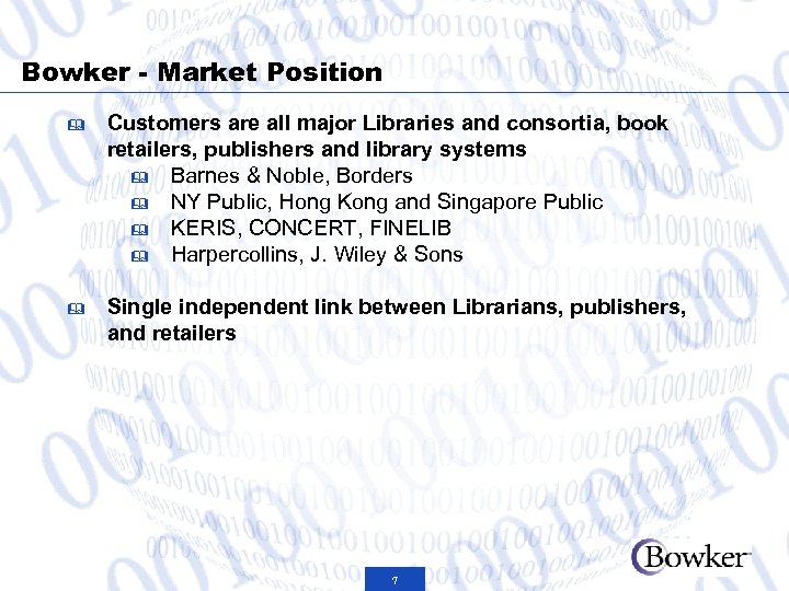Bowker - Market Position & Customers are all major Libraries and consortia, book retailers,