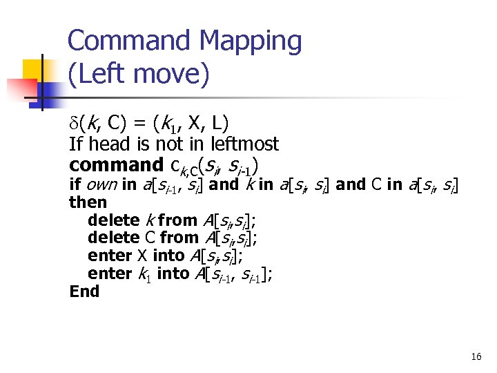 Command Mapping (Left move) d(k, C) = (k 1, X, L) If head is