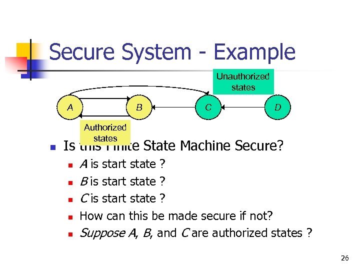 Secure System - Example Unauthorized states A n B C D Authorized states Is