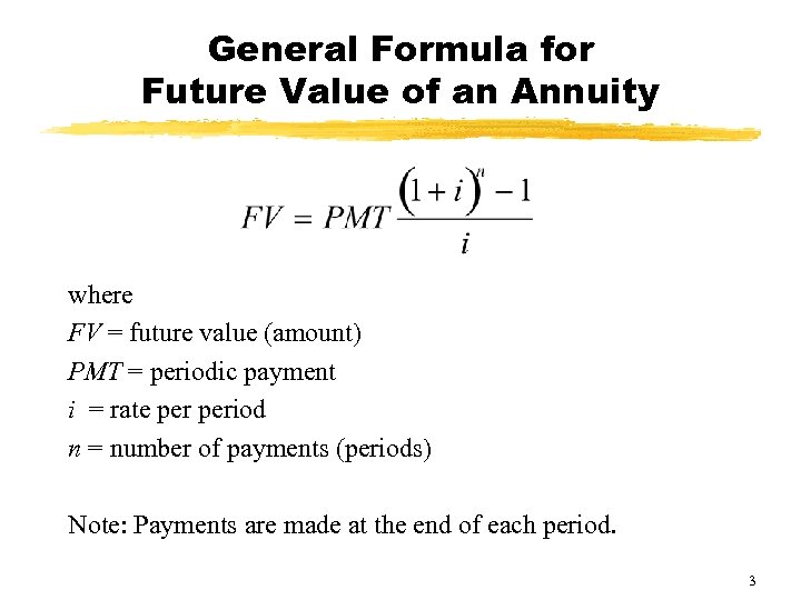 General Formula for Future Value of an Annuity where FV = future value (amount)