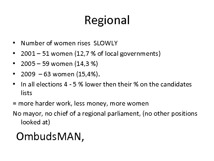 Regional Number of women rises SLOWLY 2001 – 51 women (12, 7 % of