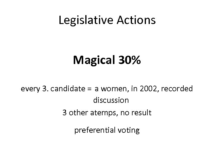 Legislative Actions Magical 30% every 3. candidate = a women, in 2002, recorded discussion