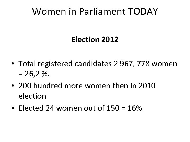 Women in Parliament TODAY Election 2012 • Total registered candidates 2 967, 778 women