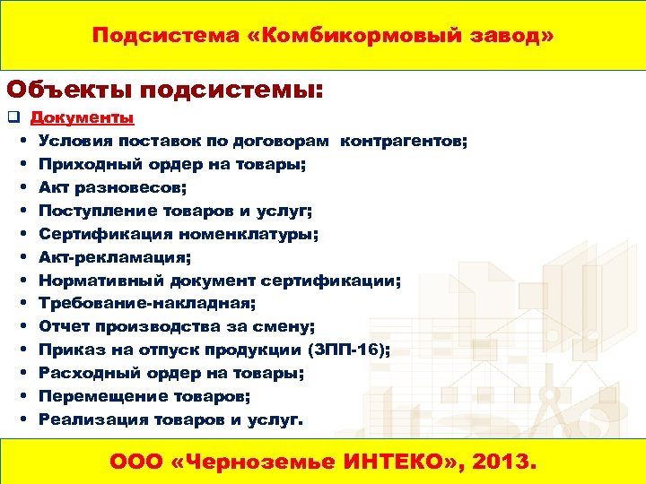 Подсистема «Комбикормовый завод» Объекты подсистемы: q Документы • Условия поставок по договорам контрагентов; •