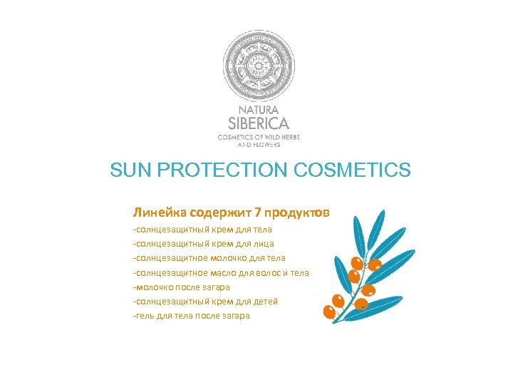 SUN PROTECTION COSMETICS Линейка содержит 7 продуктов -солнцезащитный крем для тела -солнцезащитный крем для
