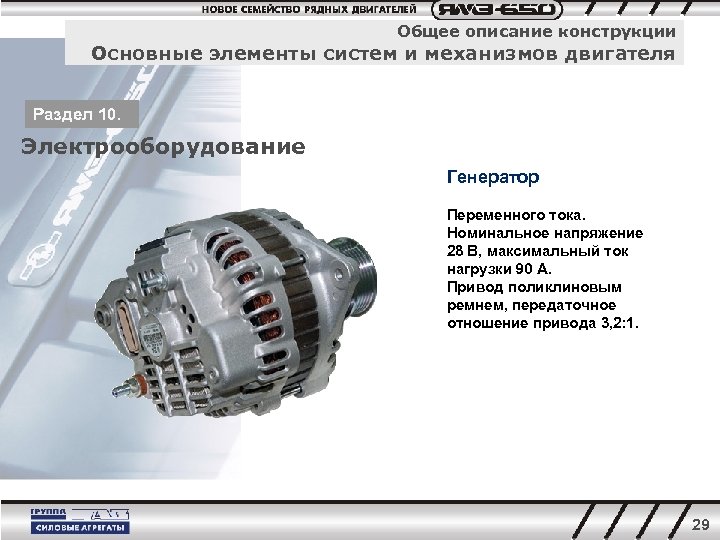 Общее описание конструкции Основные элементы систем и механизмов двигателя Раздел 10. Электрооборудование Генератор Переменного