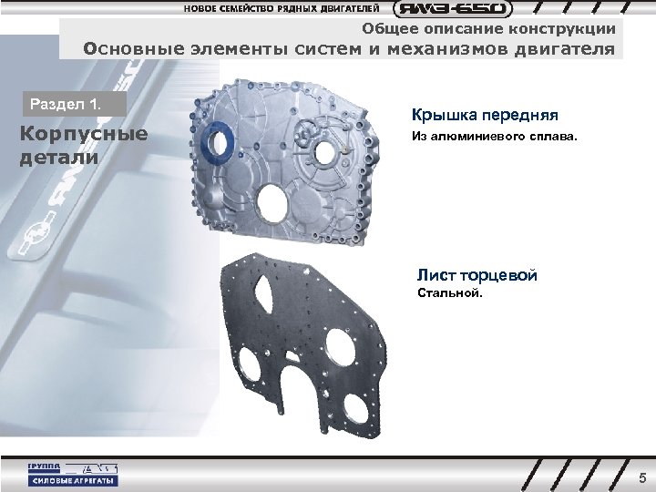 Общее описание конструкции Основные элементы систем и механизмов двигателя Раздел 1. Корпусные детали Крышка