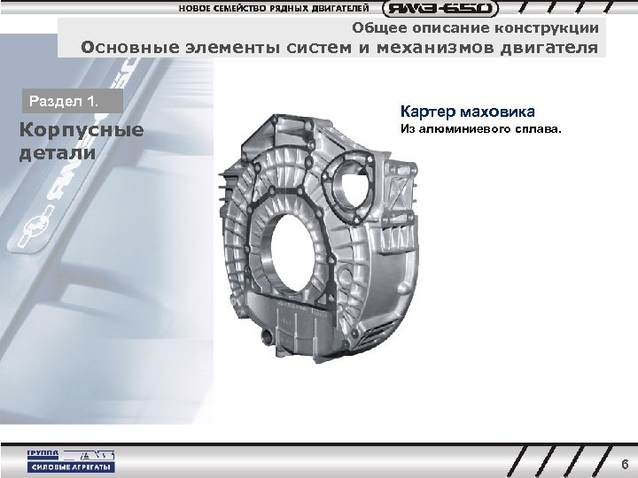 Общее описание конструкции Основные элементы систем и механизмов двигателя Раздел 1. Корпусные детали Картер