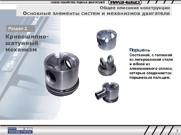 Общее описание конструкции Основные элементы систем и механизмов двигателя Раздел 2. Кривошипношатунный механизм Поршень
