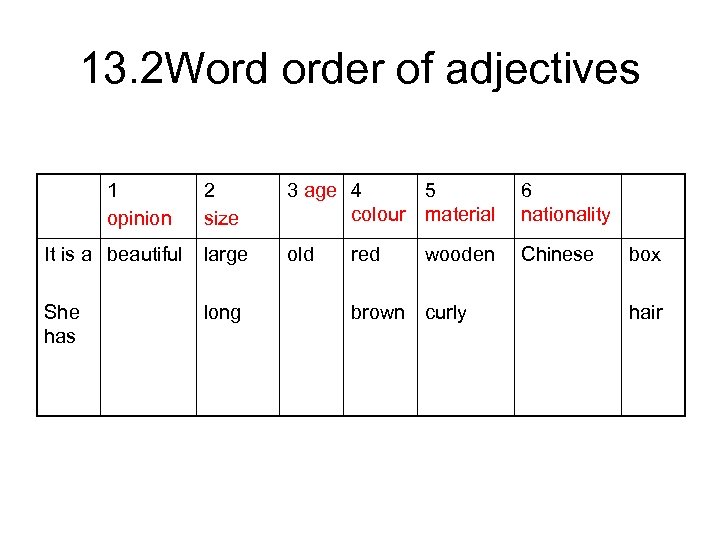 13. 2 Word order of adjectives 1 opinion 2 size 3 age 4 5