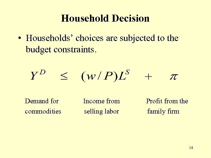 Household Decision • Households’ choices are subjected to the budget constraints. Demand for commodities