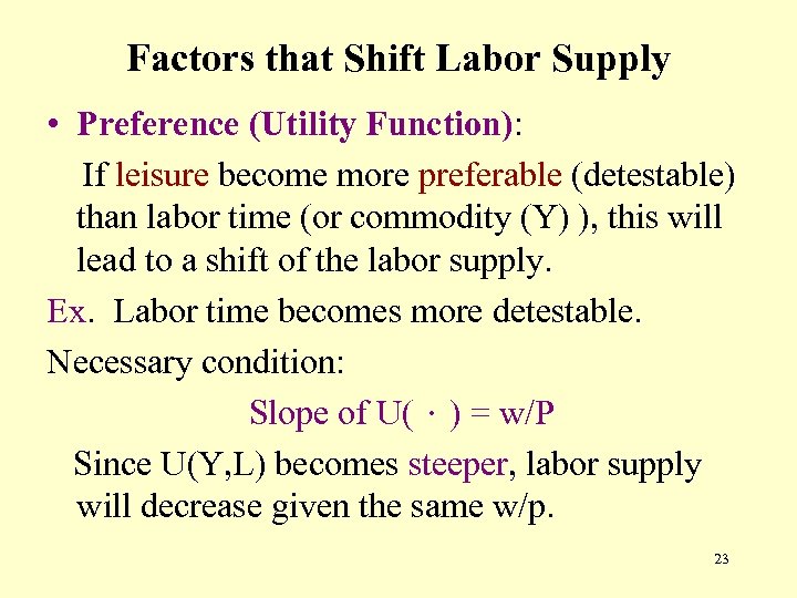 Factors that Shift Labor Supply • Preference (Utility Function): If leisure become more preferable