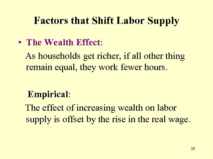 Factors that Shift Labor Supply • The Wealth Effect: As households get richer, if